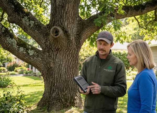 Tyler Green inspecting a tree and providing an estimate to a homeowner