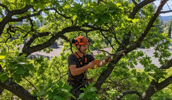 Tree service crew safely removing a large tree